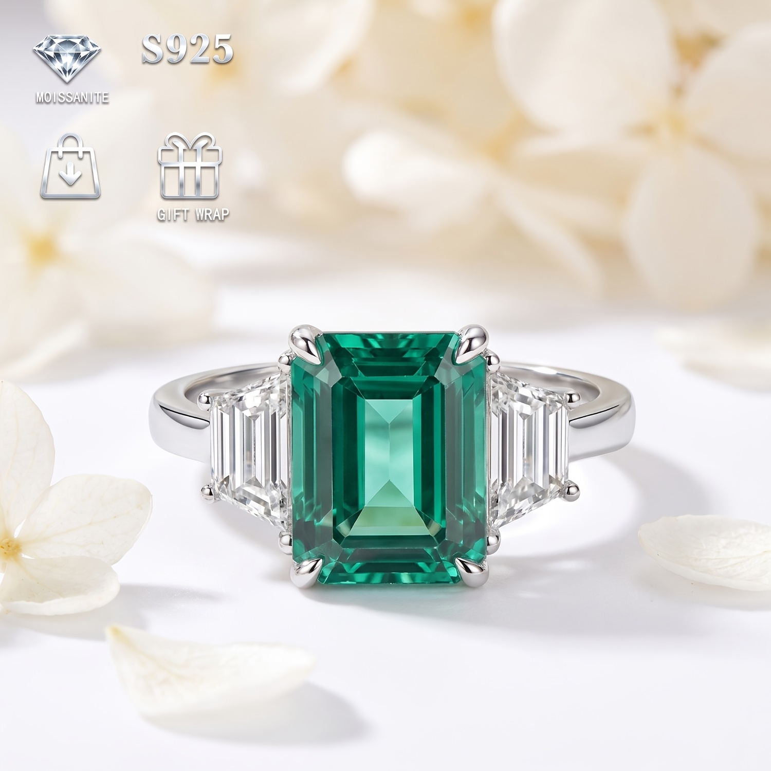 High-End S925 Silver Ring with 5 Carats Green Moissanite